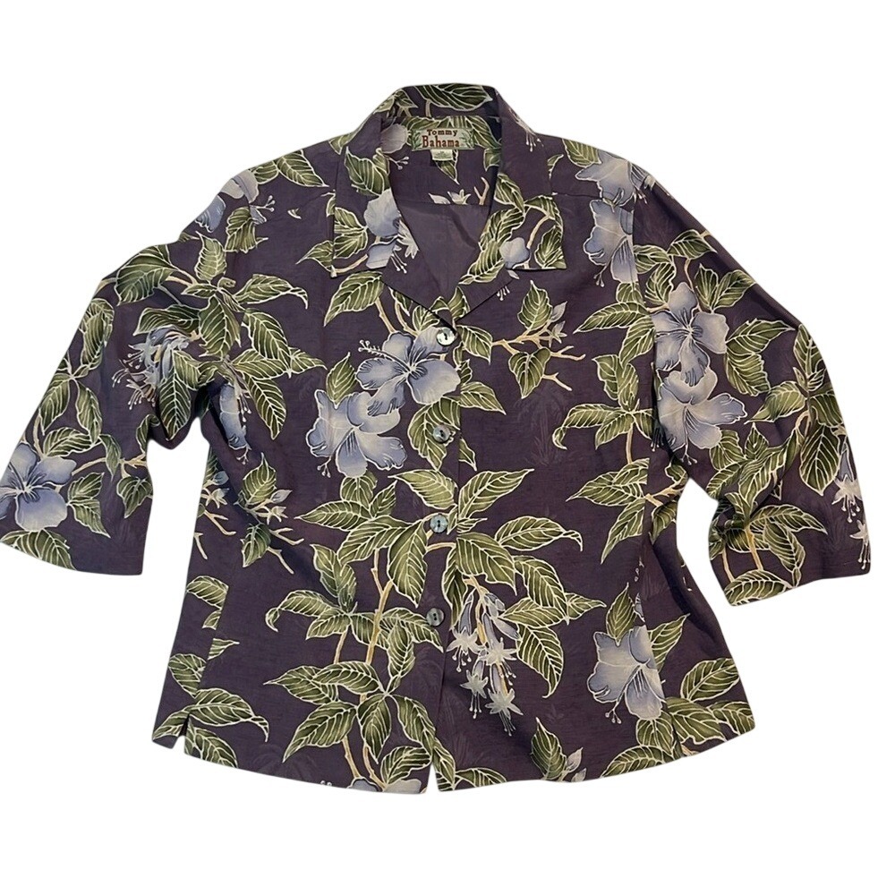 TOMMY BAHAMA 100% Silk Button Front Purple and Green Floral Silk Shirt Jacket 12